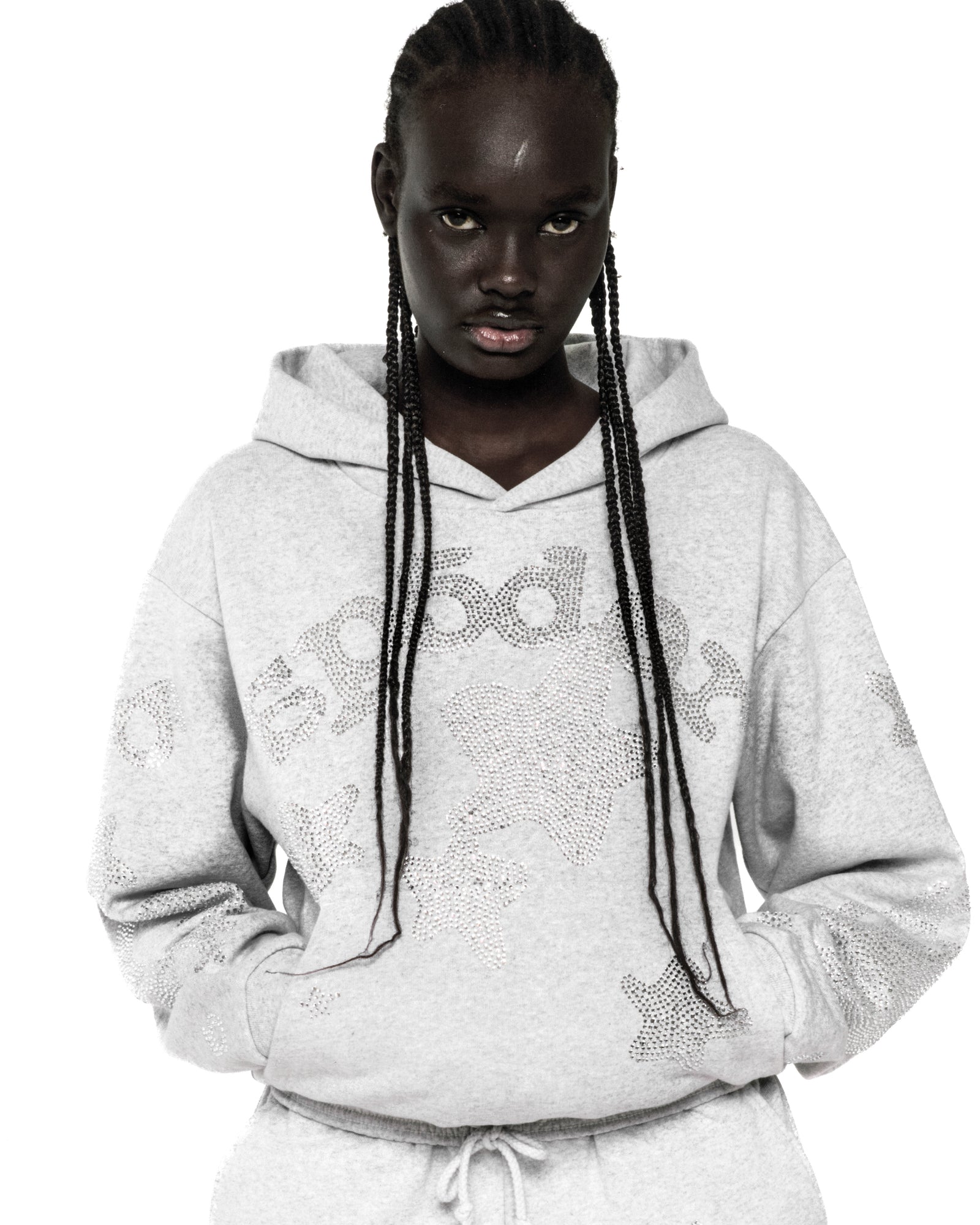 Light grey RHINESTONE BELUGA HOODIE with 'SP5DER' and star design, kangaroo pocket, rib knit hem and cuffs.