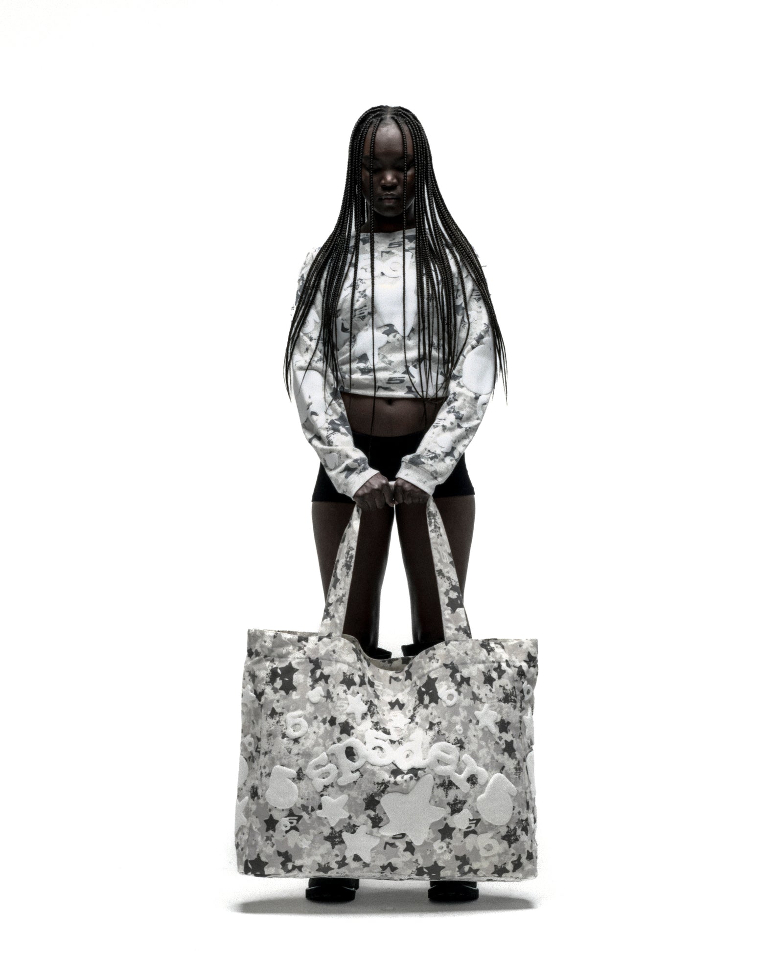 STAR CAMO BELUGA AOP TOTE: Large 8oz brushed twill tote with all-over star camo print and "BELUGA" graphic.