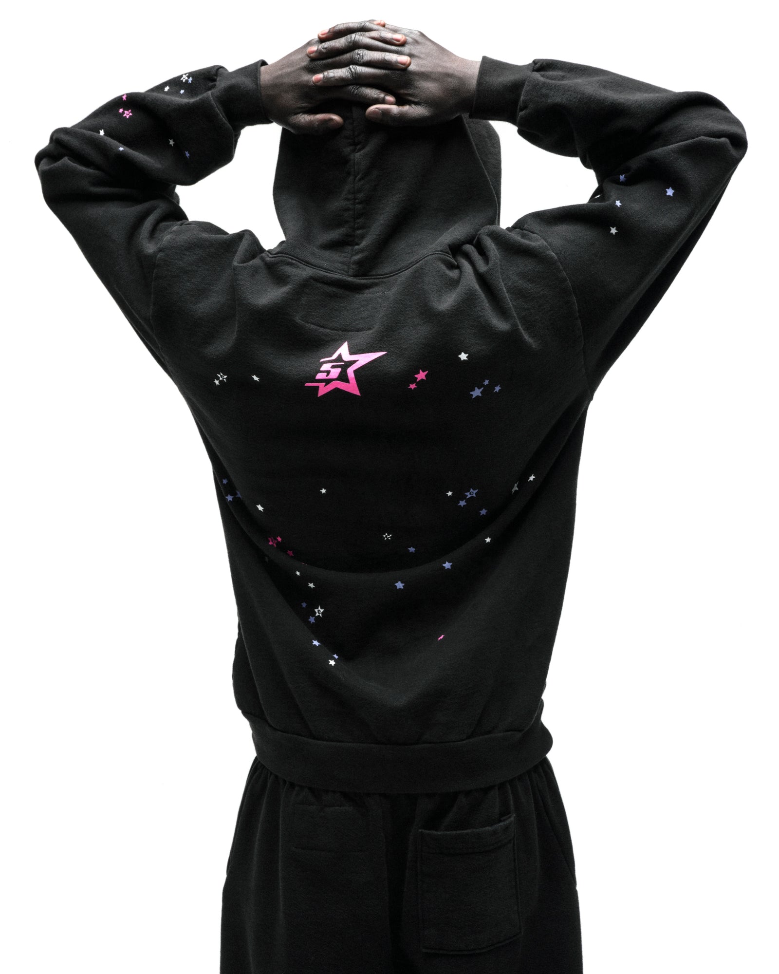 Black CB PUNK V2 Hoodie with pink 5-star motif on back and scattered tiny stars.