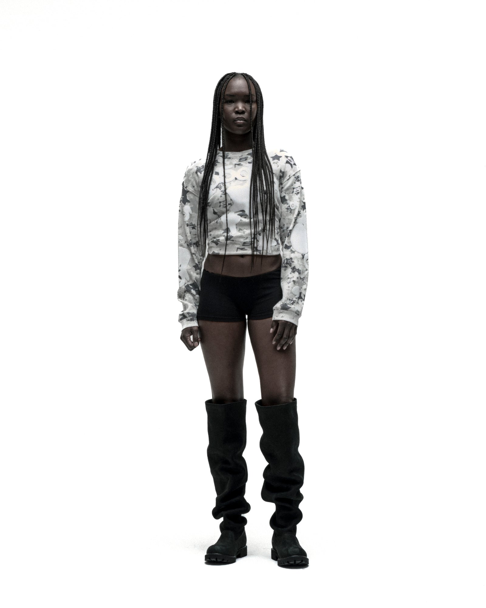 BELUGA AOP thermal, white waffle knit with star camo print, ribbed collar, hem, cuffs.