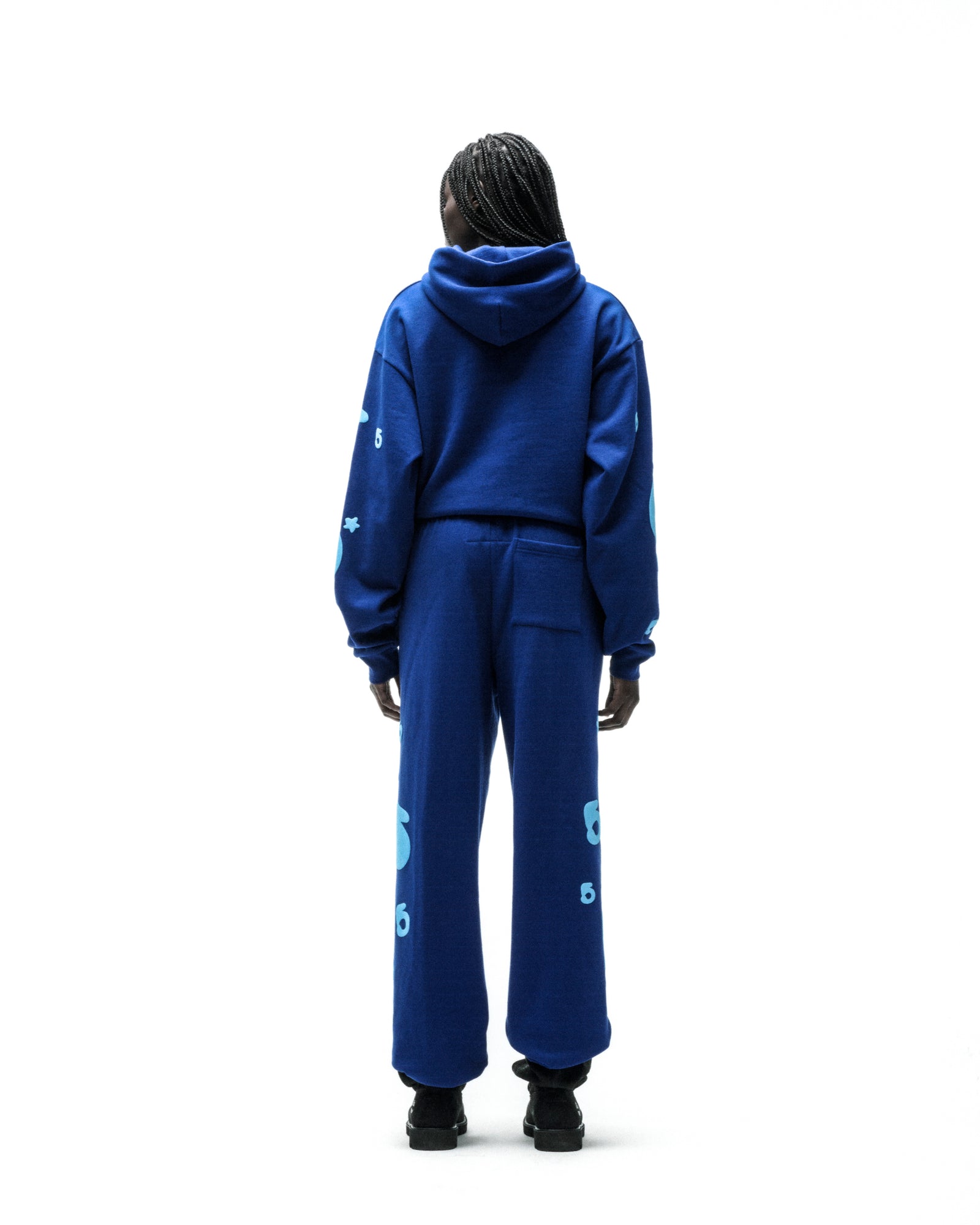 BELUGA HOODIE and sweatpants set in blue 13oz cotton fleece with light blue 'SP5DER' and star puff prints.