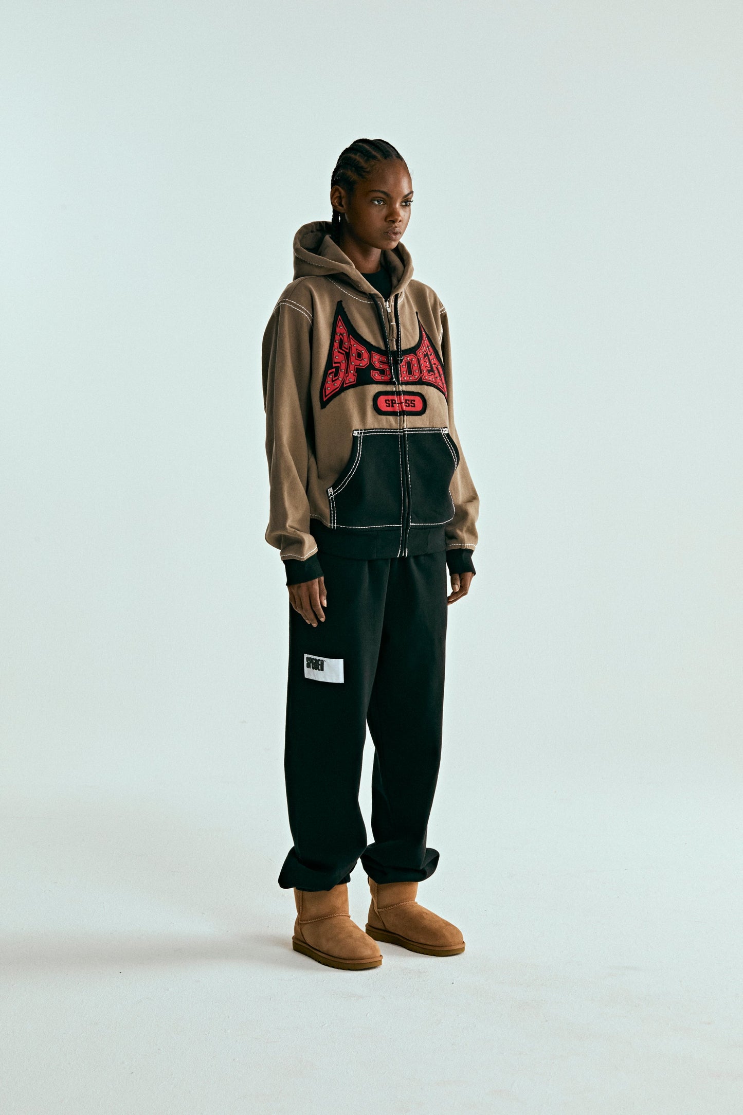 BROWN T&F ZIP HOODIE ON MODEL