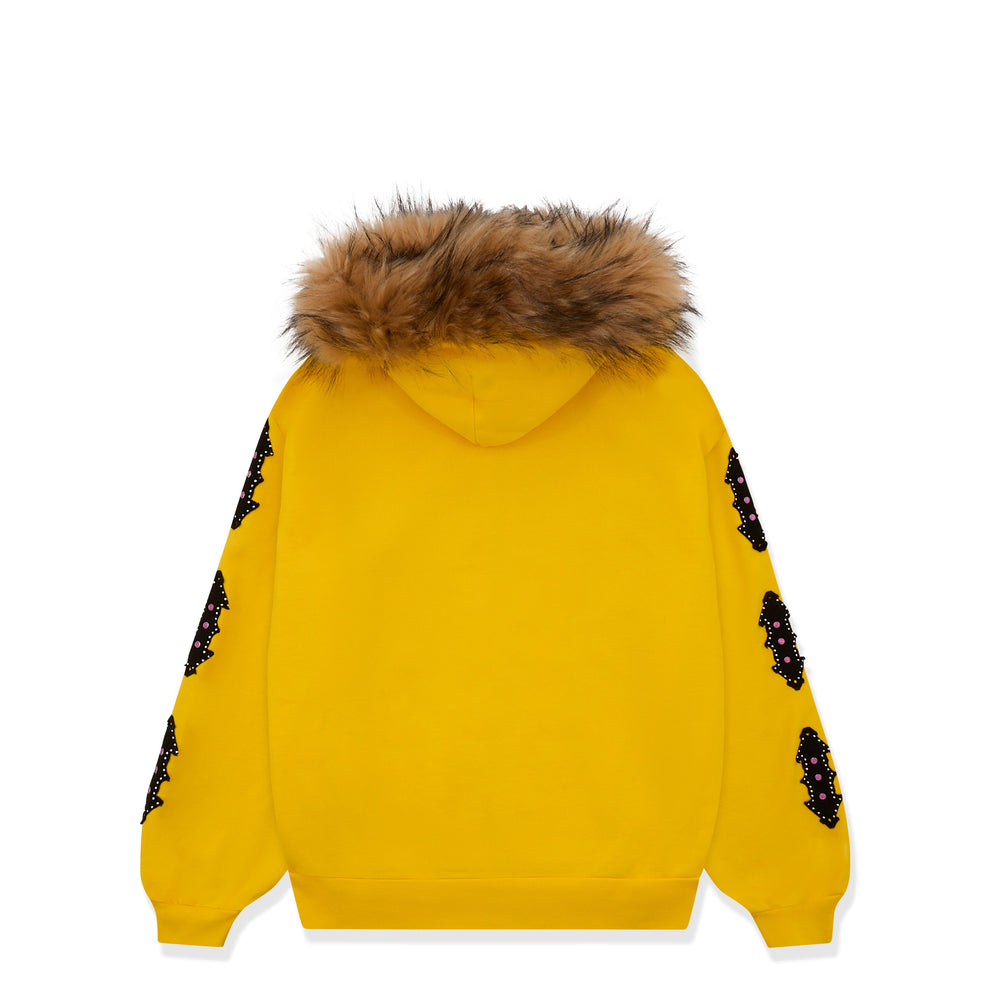 YELLOW FUR HOODED ZIP UP SWEATSHIRT