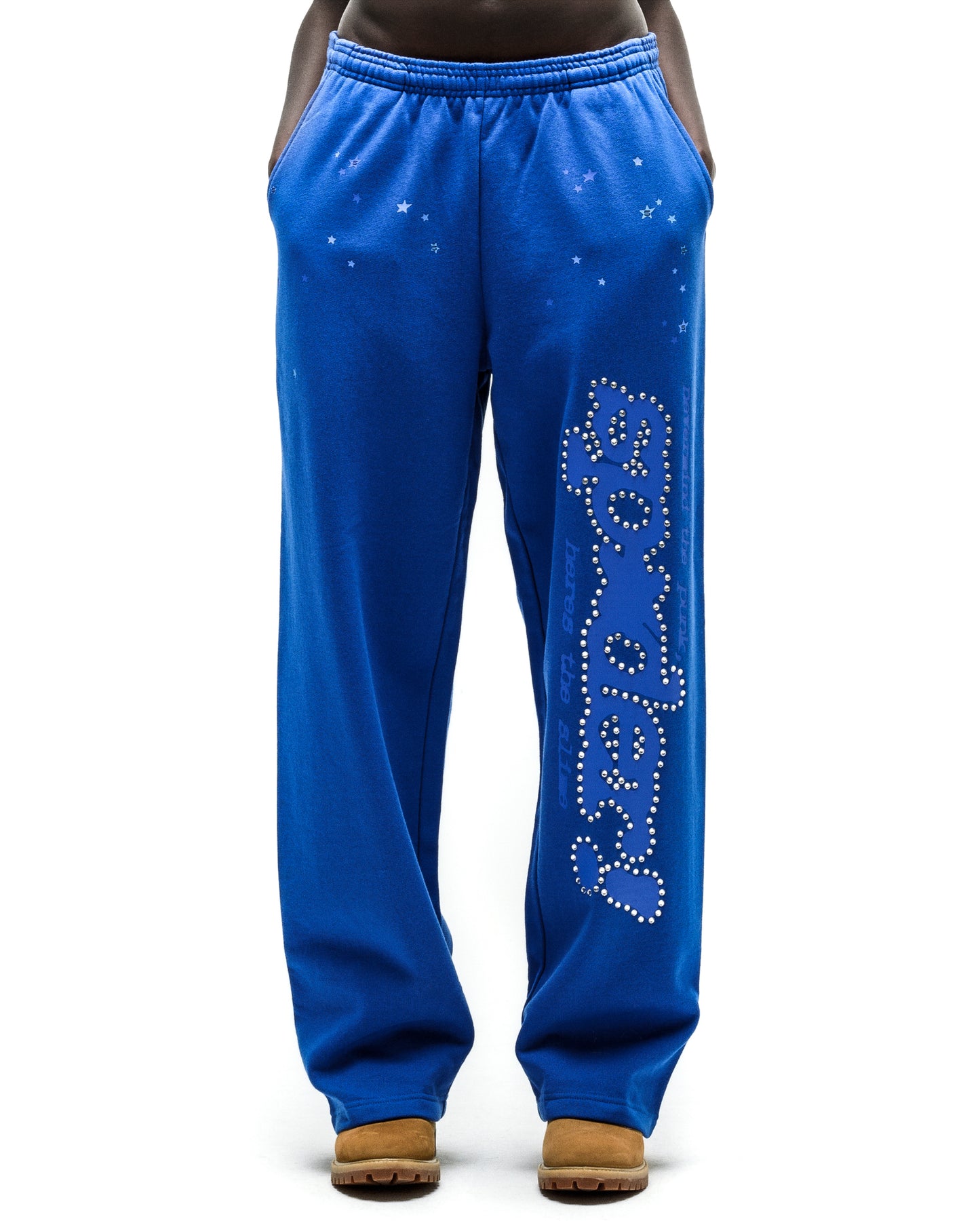 Blue RHINESTONE PUNK V2 SWEATPANT with "P*NK SP5DER" text and scattered stars.