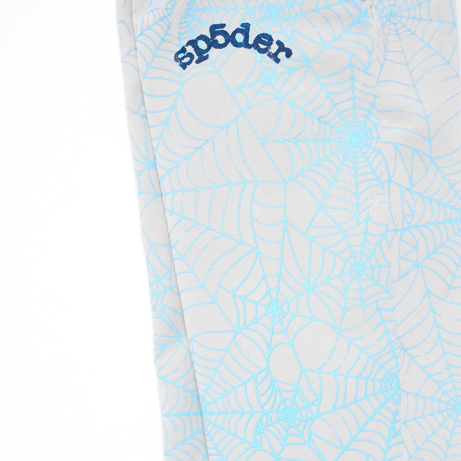 Light gray fleece sweatpant with all-over cracked blue web print and "sp5der" text on upper leg.