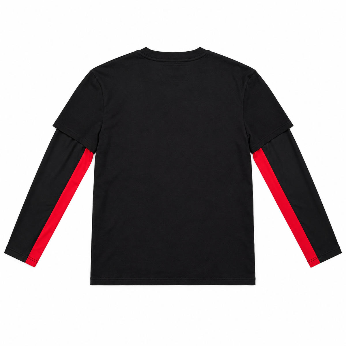 Black layered cotton jersey undershirt with long sleeves, featuring contrast red side panels and a crew neckline.