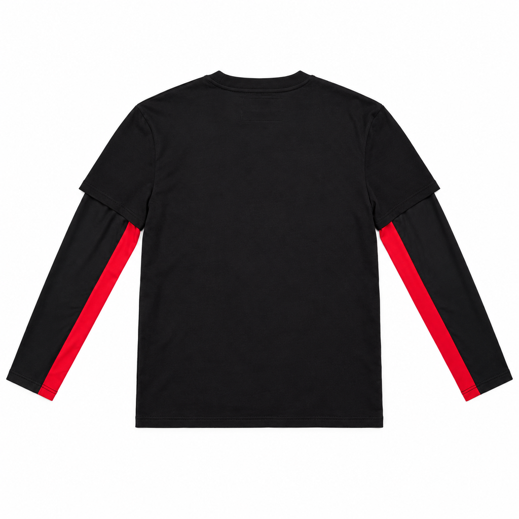 Black layered cotton jersey undershirt with long sleeves, featuring contrast red side panels and a crew neckline.