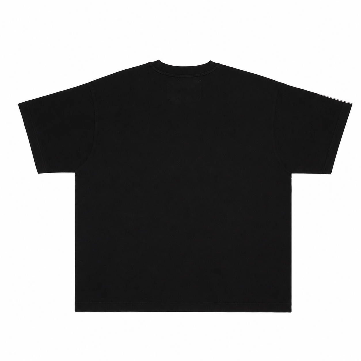 Back view of a plain black 100% cotton standard fit t-shirt with short sleeves on a white background.