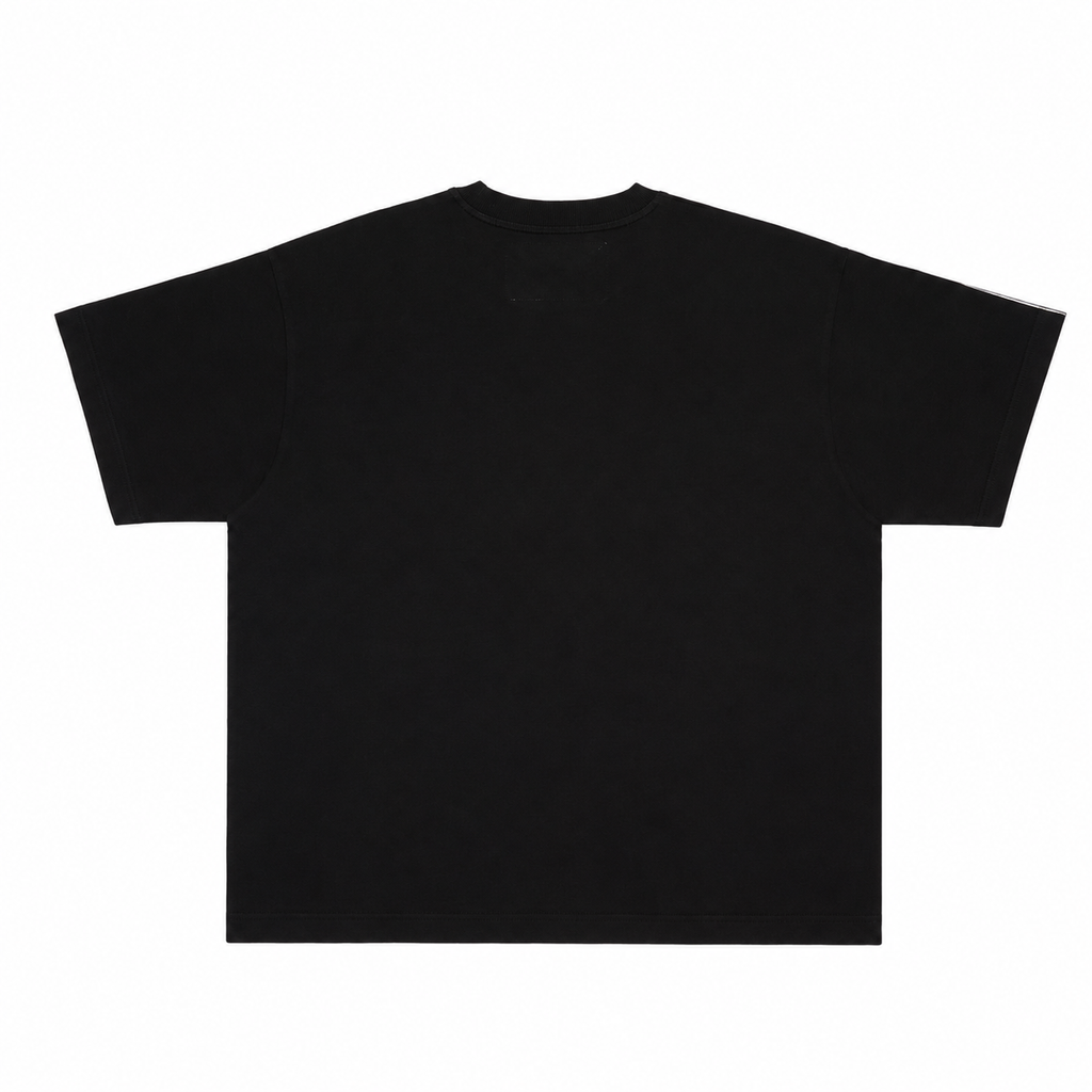 Back view of a plain black 100% cotton standard fit t-shirt with short sleeves on a white background.