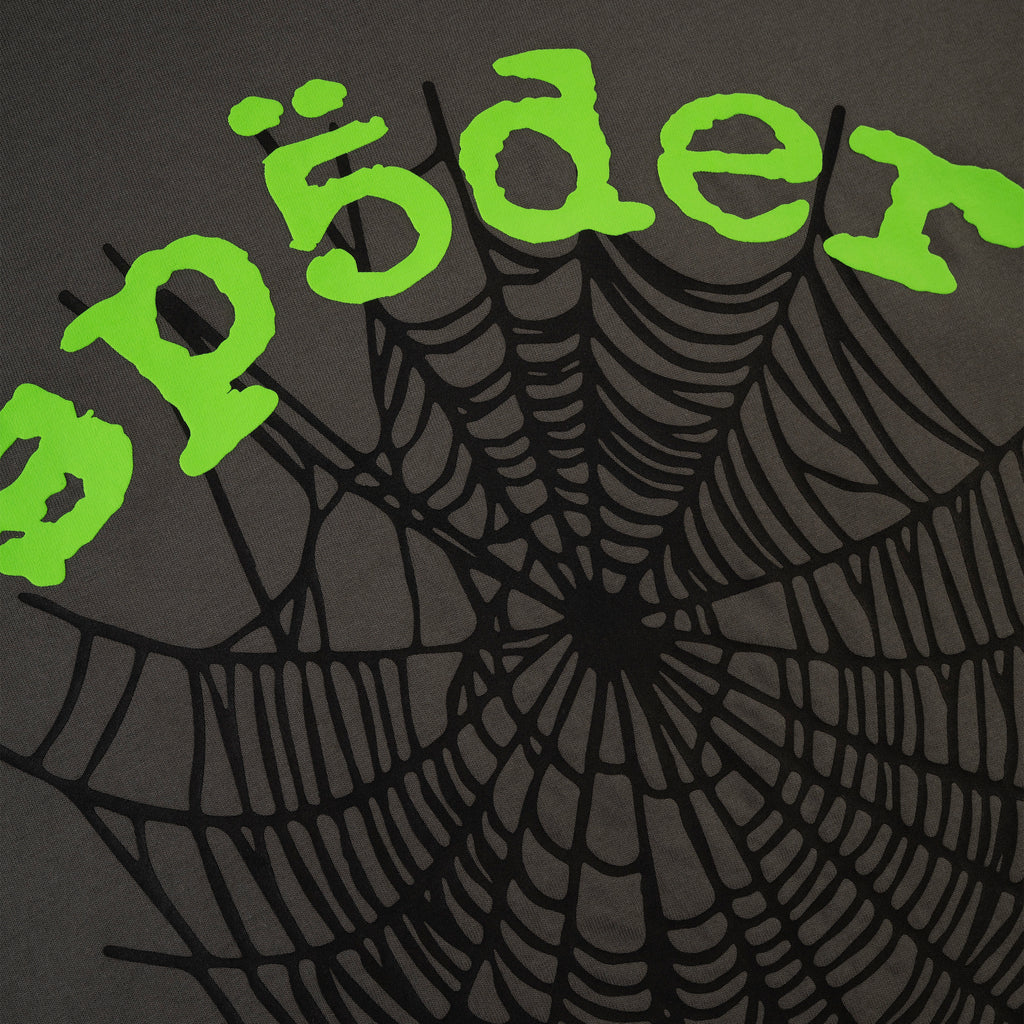 Close-up of a dark grey cotton tee with a black spider web graphic and bright green "spider" text.