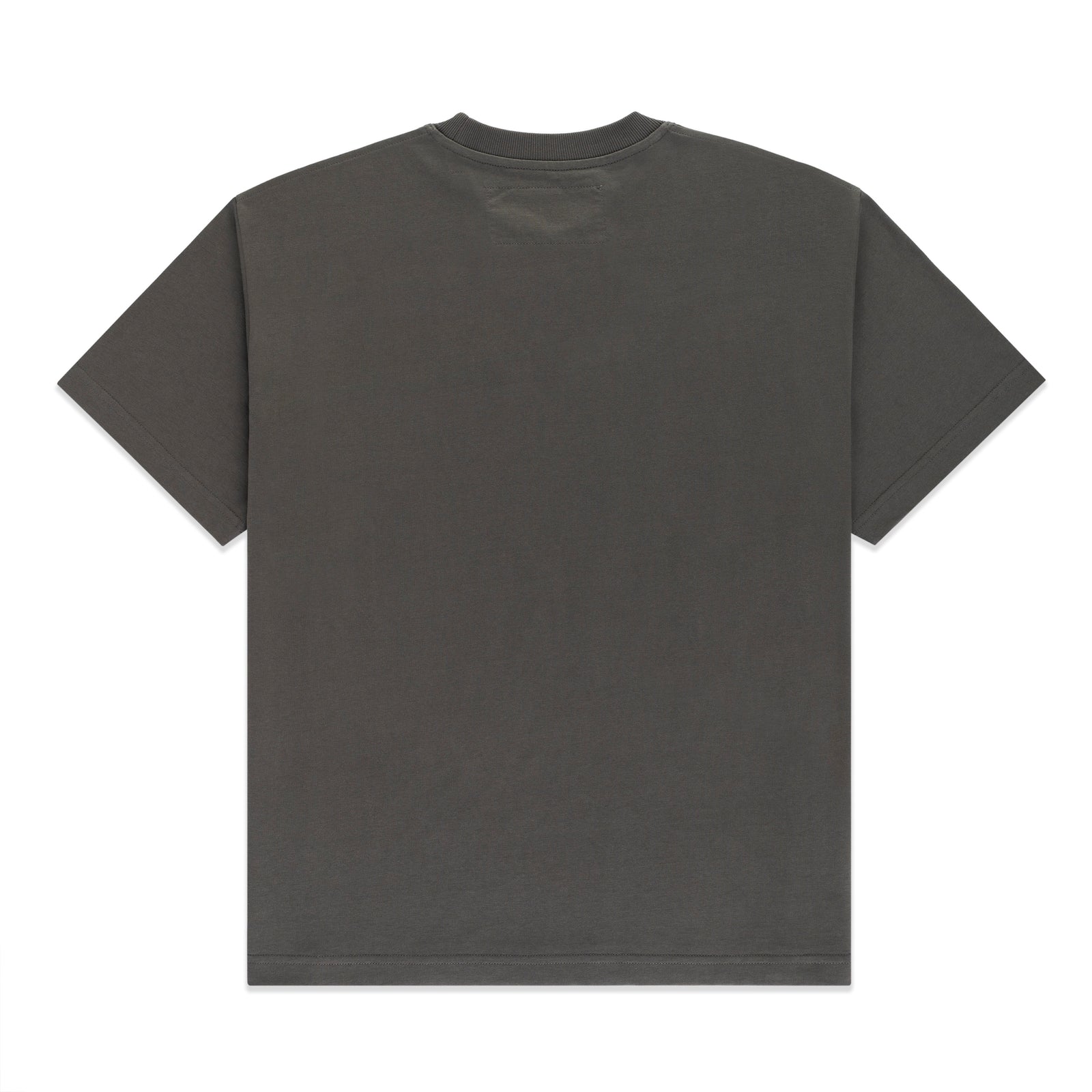 Back of a dark gray 100% cotton standard fit tee with a subtle neck label.