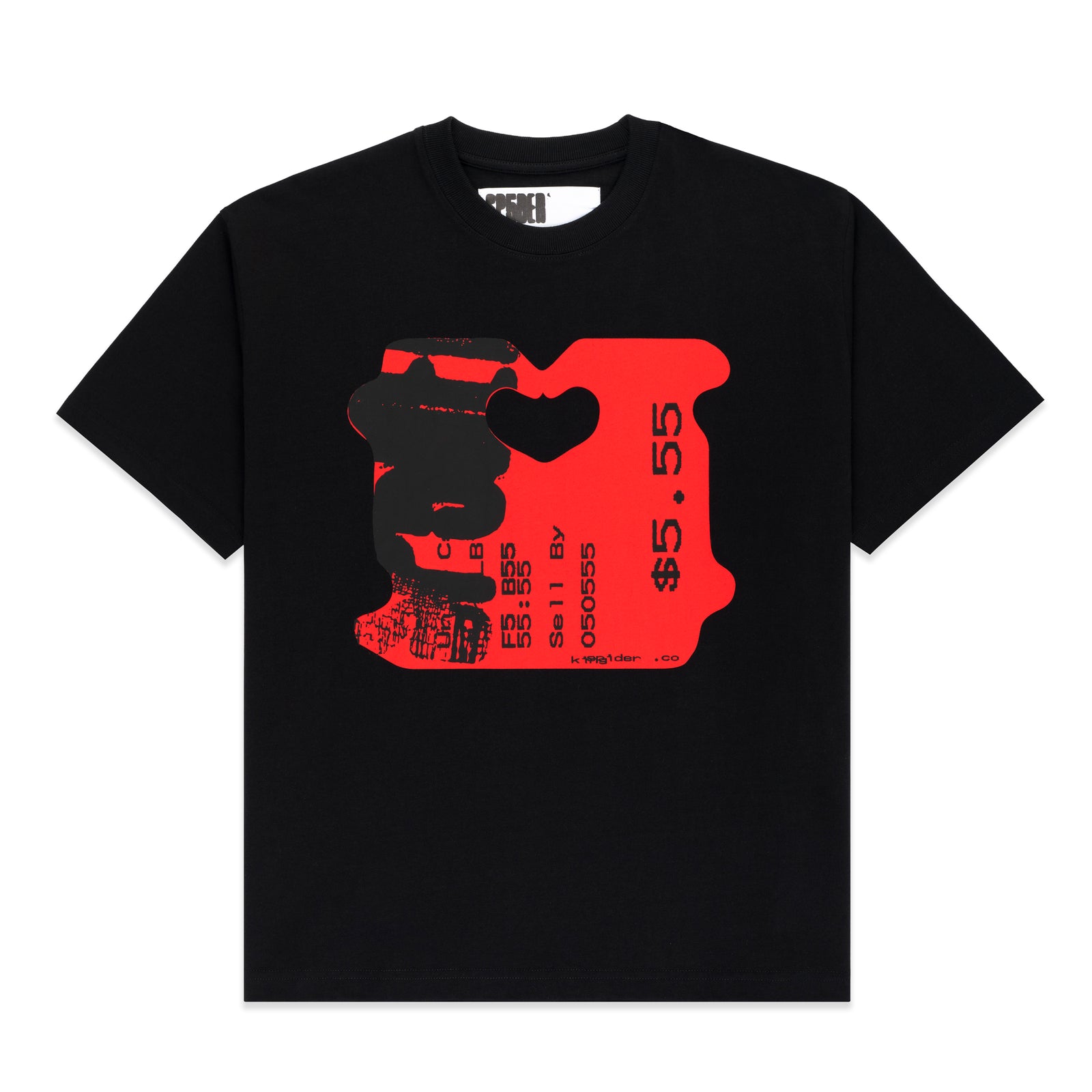 Black cotton TOAST TEE with a red and black bread tag graphic print on the front.