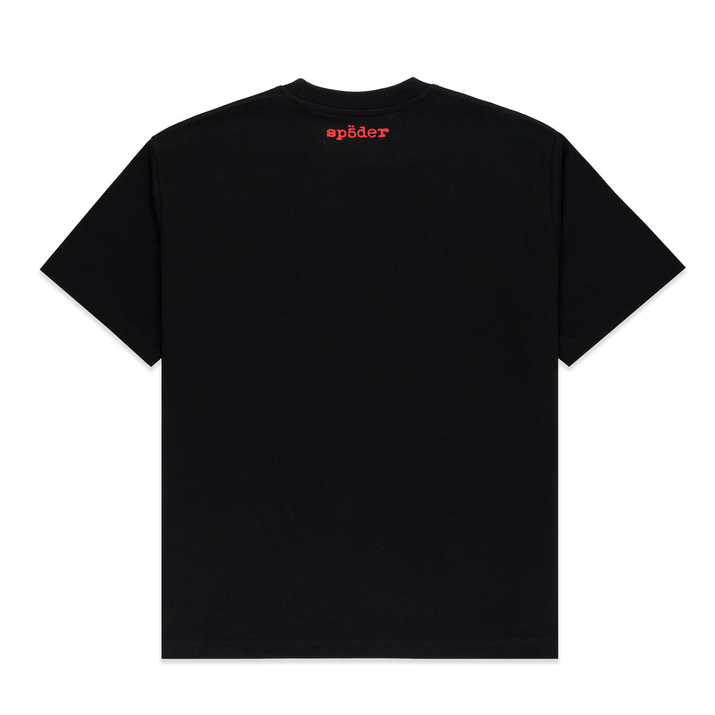 Black cotton TOAST TEE with red 'SP5DER' logo on the back neck.