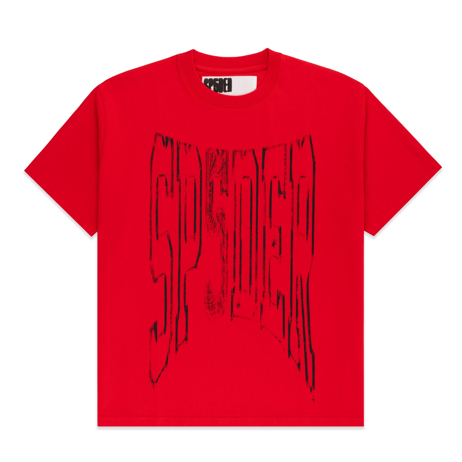 Red 100% cotton tee with distressed black 'SP5DER' graphic print on front. Standard fit.
