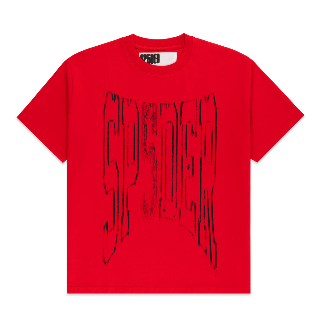 Red 100% cotton tee with distressed black 'SP5DER' graphic print on front. Standard fit.