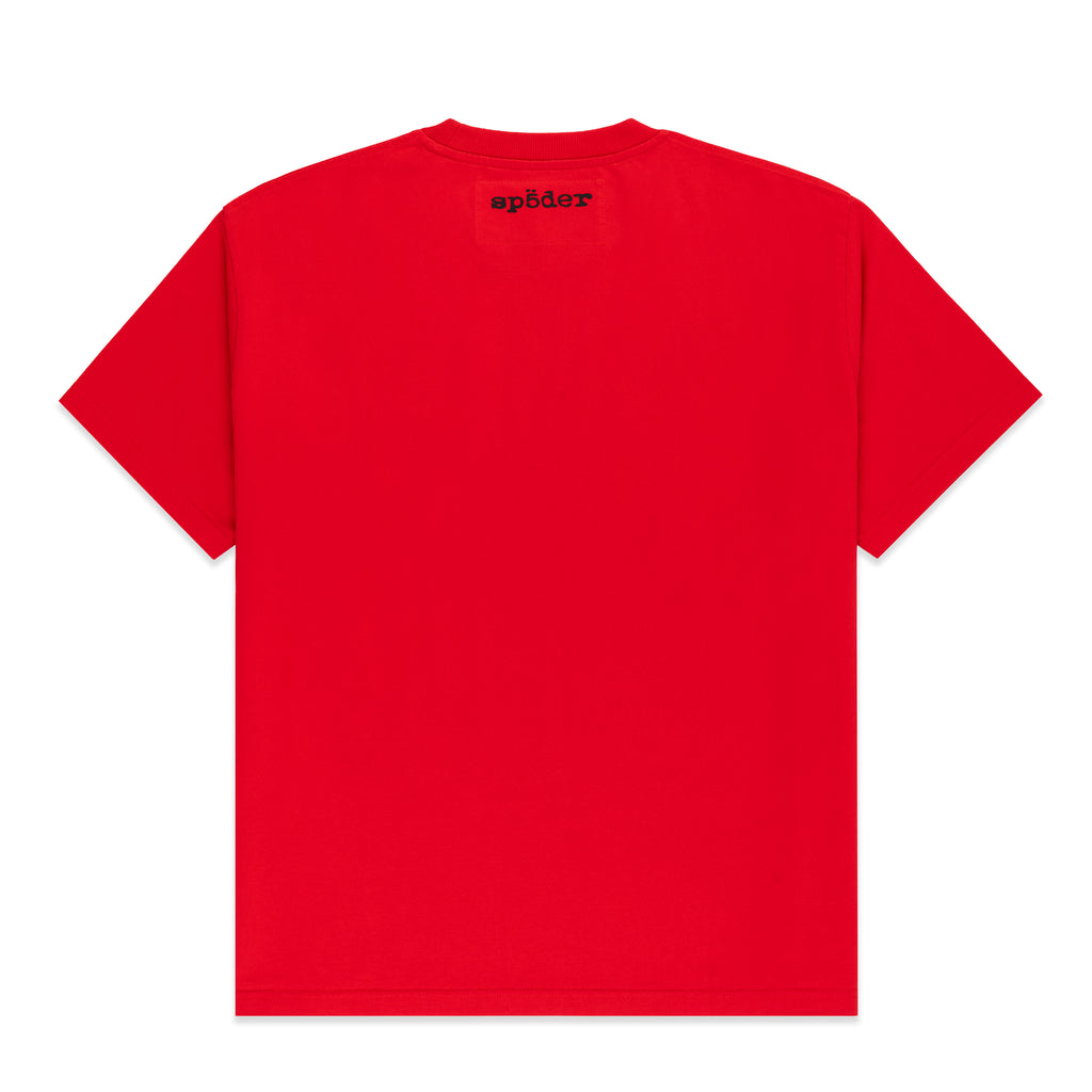 Red cotton tee with black 'SP5DER' logo on the back neck.
