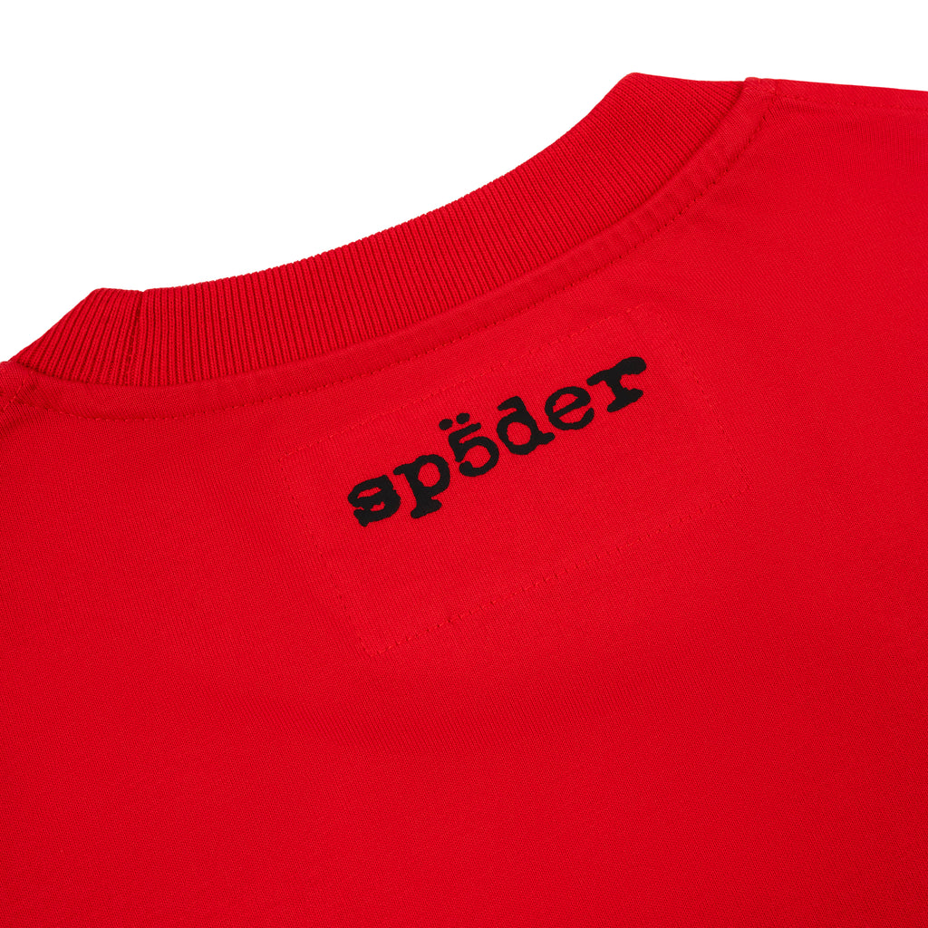 Red cotton tee with black 'sp5der' logo on the back neck.