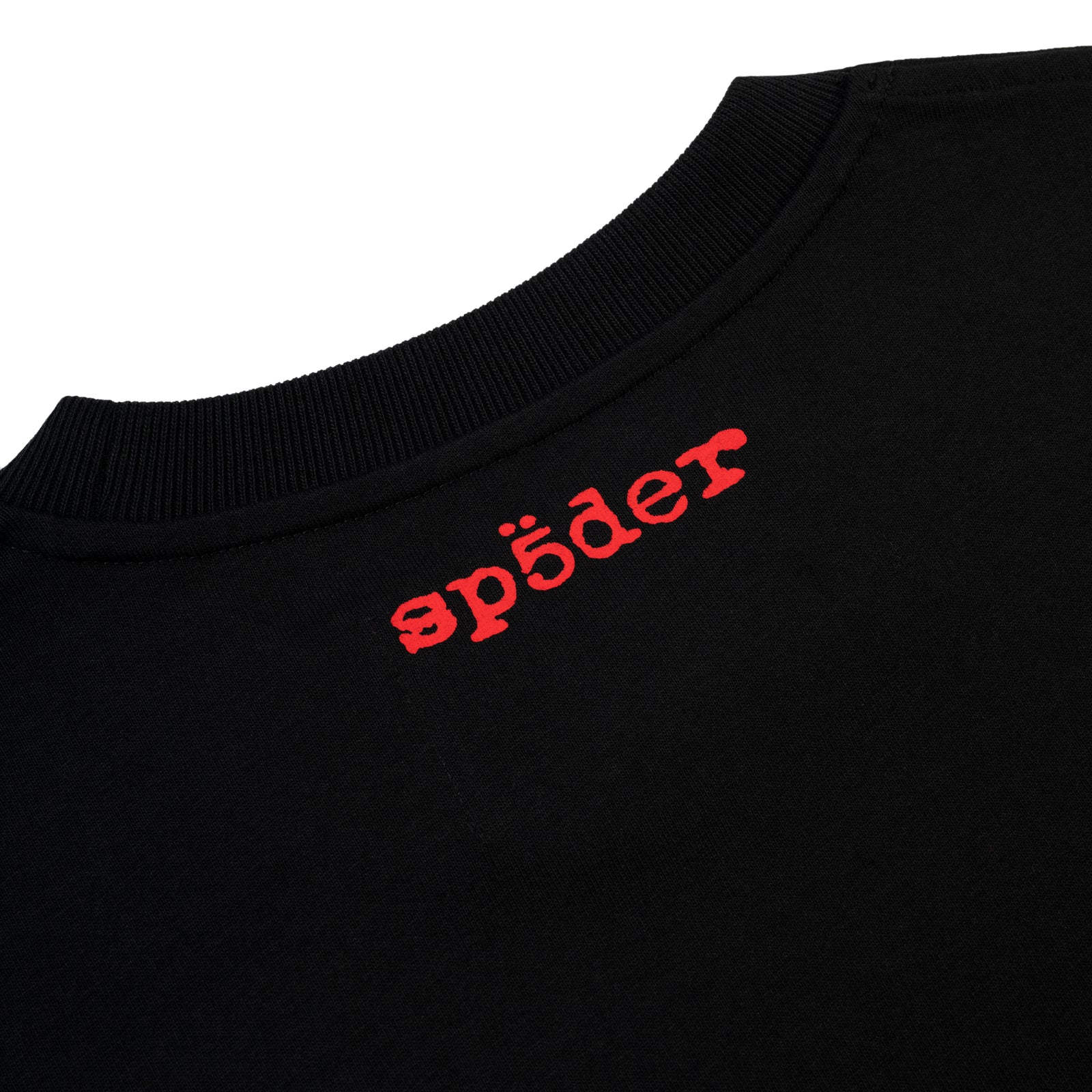 Black cotton tee with red "sp5der" logo on the back neck.