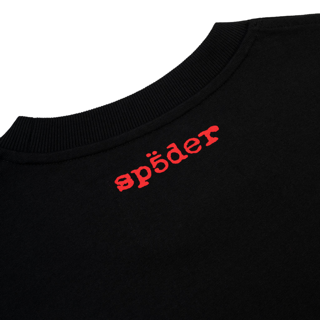 Black cotton tee with red "sp5der" logo on the back neck.