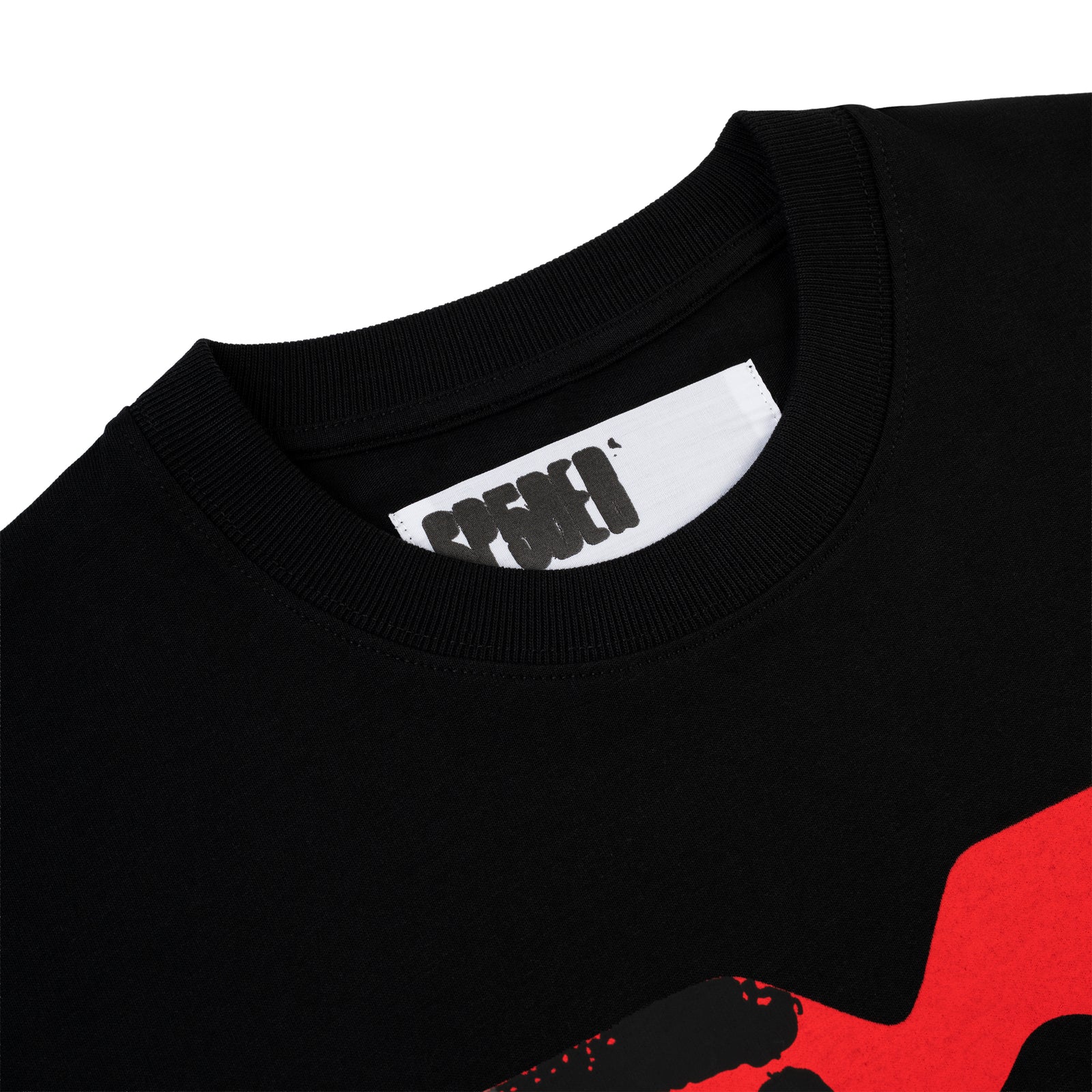 Black cotton Toast Tee with red graphic print and white SP5DER logo tag on back neck.