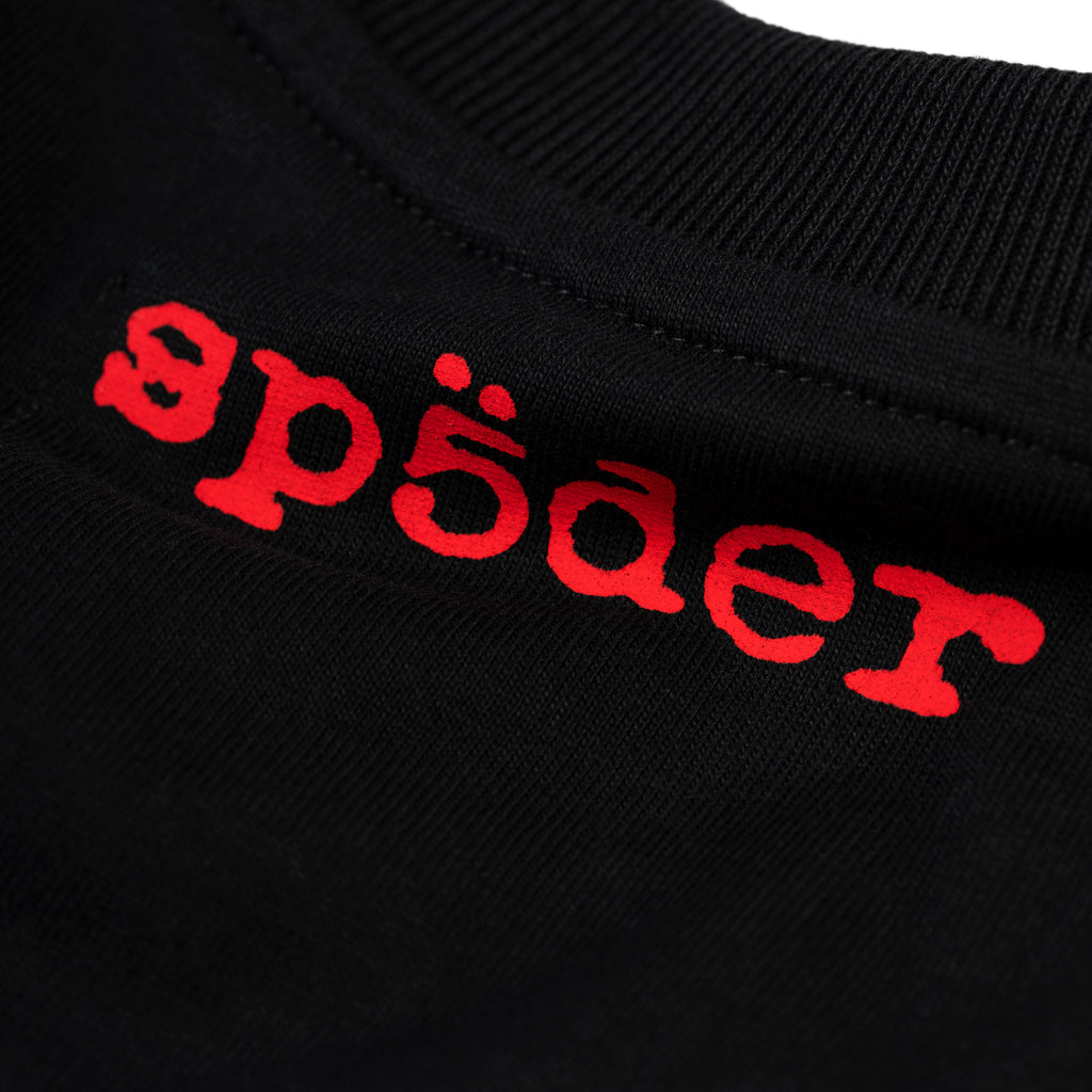 Black cotton tee with red "sp5der" logo printed on the back neck.