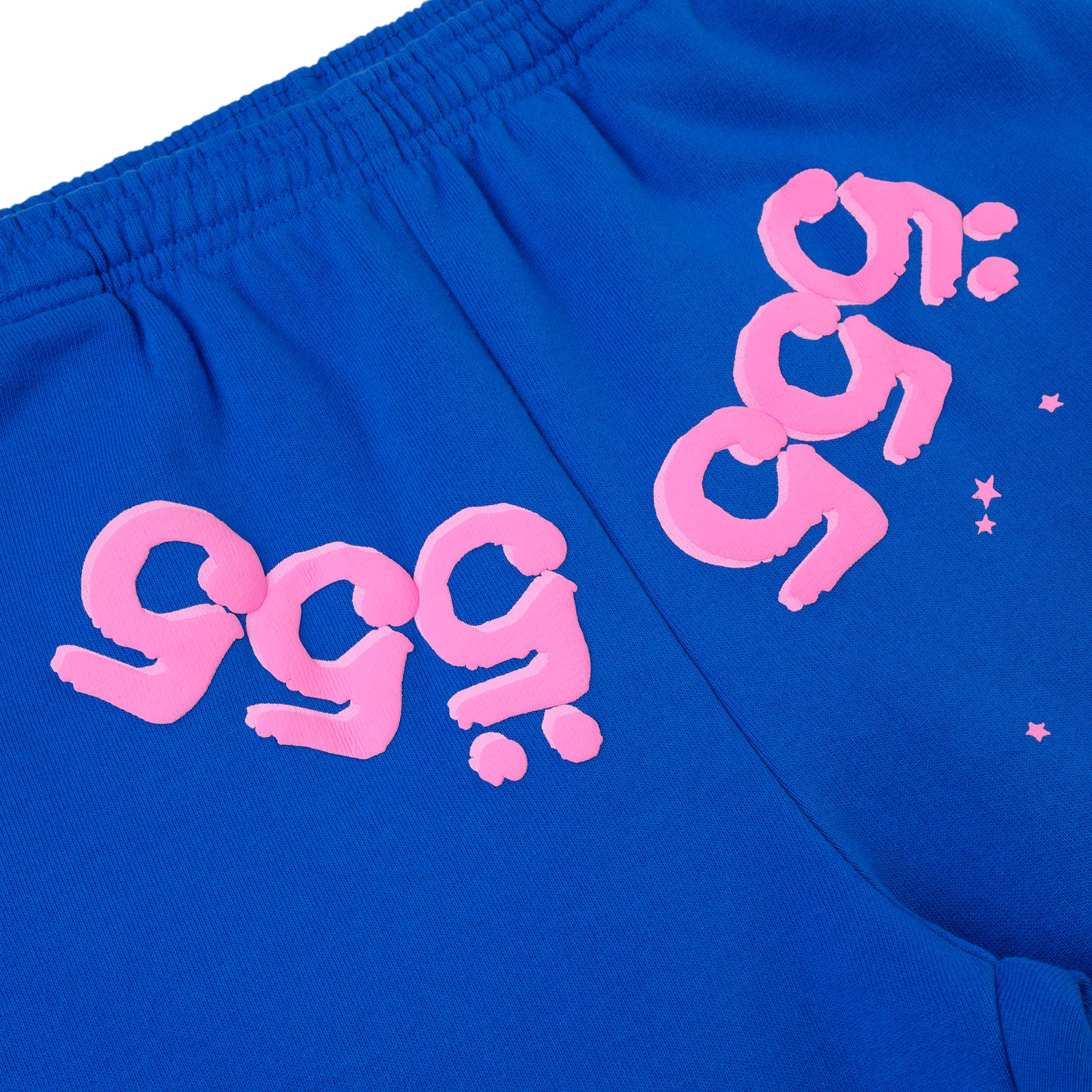 Blue cotton fleece sweatpants with pink puff print '555' angel numbers and scattered stars.