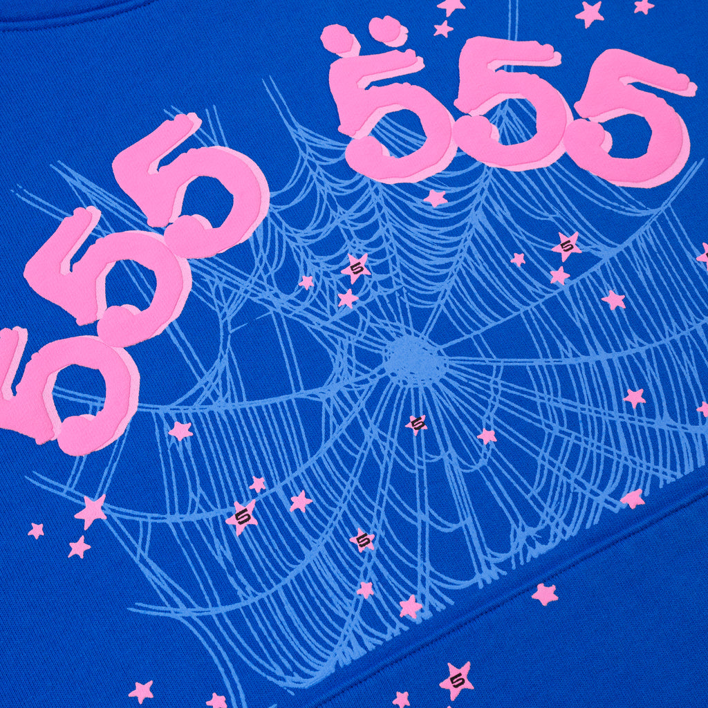 Blue 13oz fleece hoodie with pink puff print "555" angel numbers, blue spiderweb, and scattered pink stars.