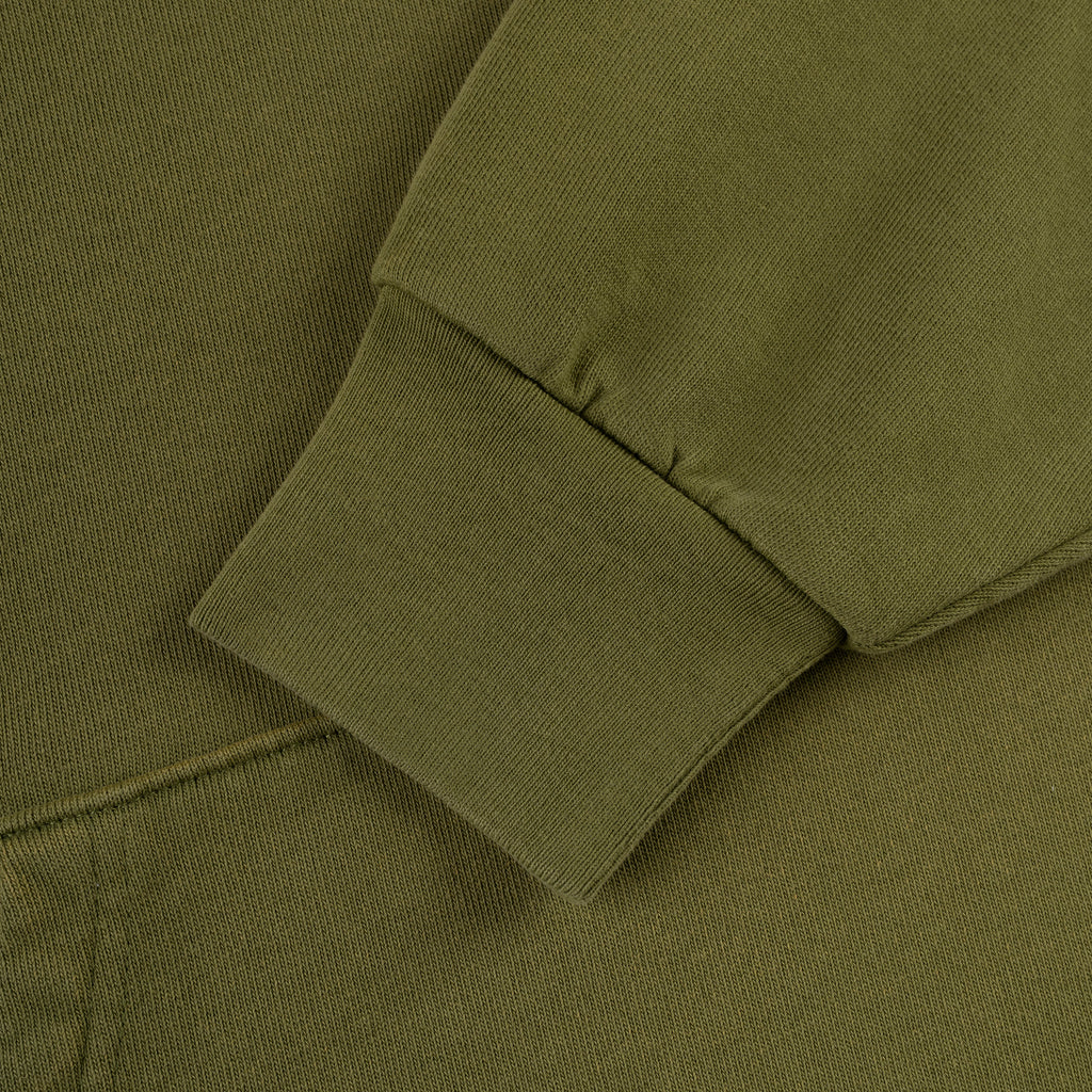 Olive green heavy web hoodie sleeve with ribbed cuff.