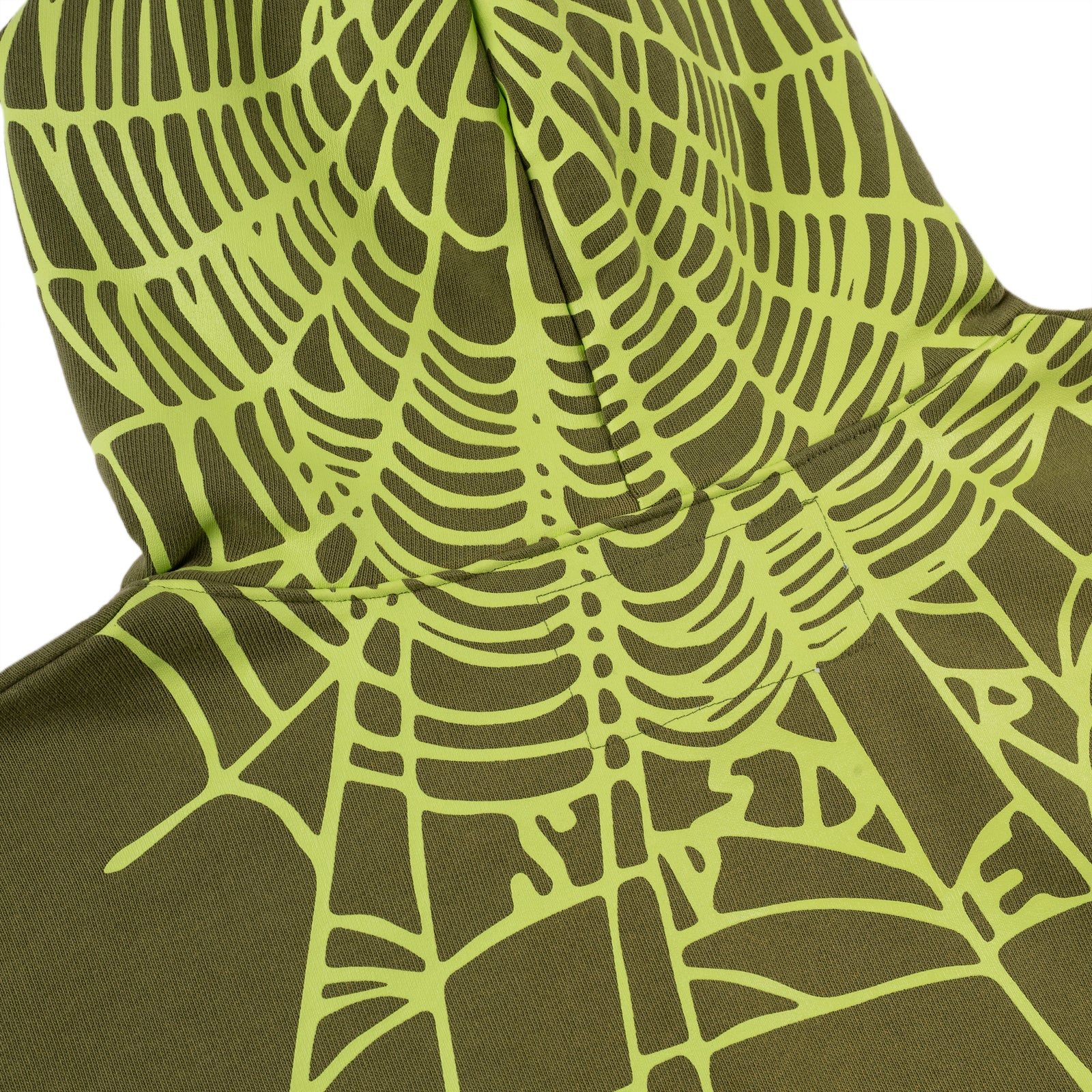 Olive green cotton fleece hoodie with bright green web print on hood and shoulders.