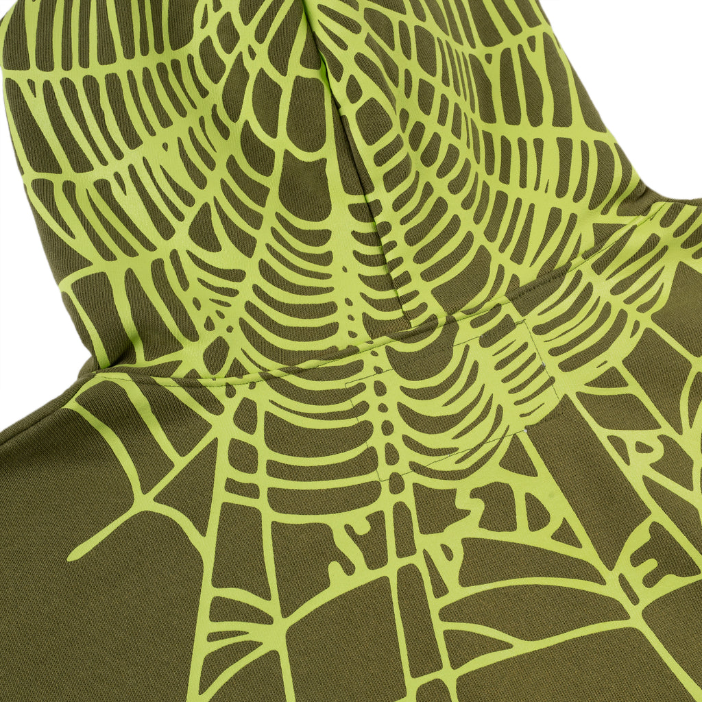 Olive green cotton fleece hoodie with bright green web print on hood and shoulders.
