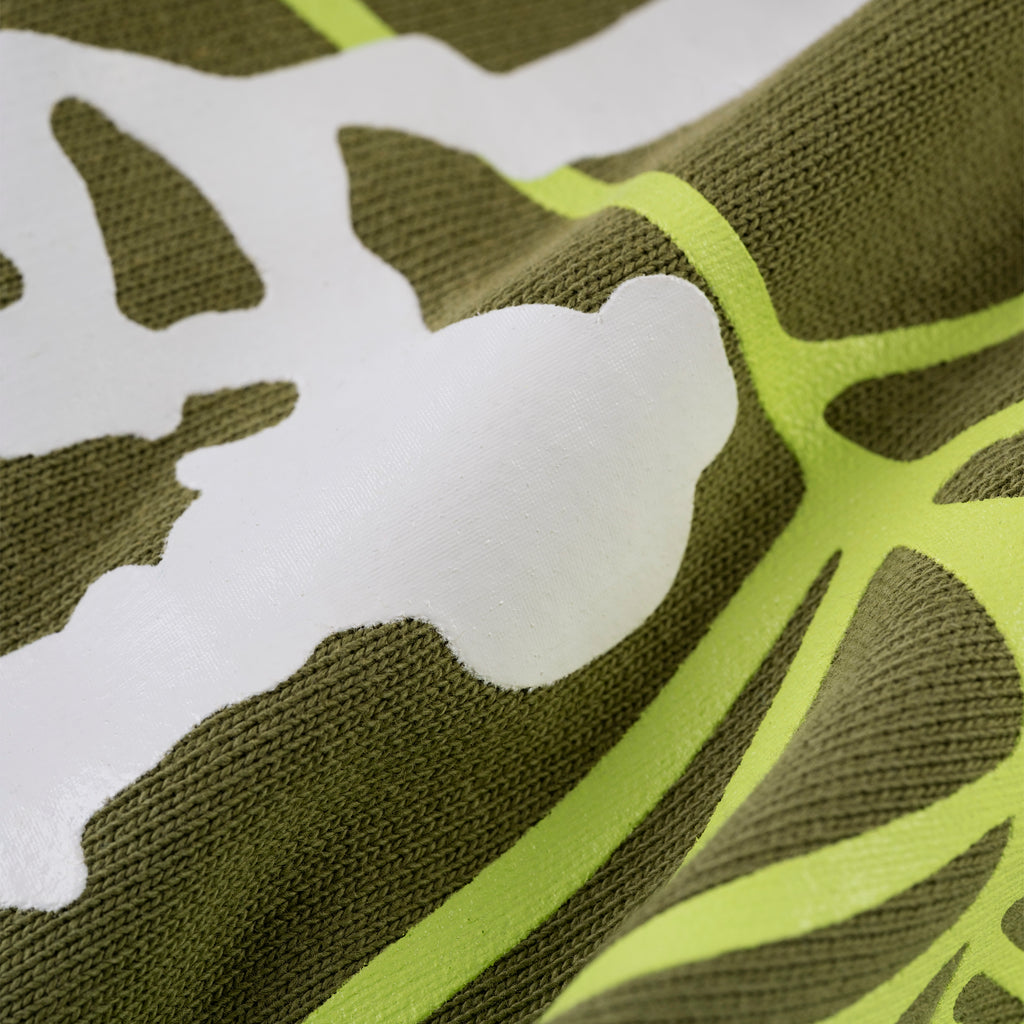 Olive green cotton fleece hoodie with white puff print stars and lime green web print.