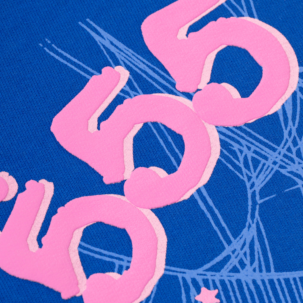 Blue fleece hoodie with pink puff print '555' angel numbers and subtle web design.