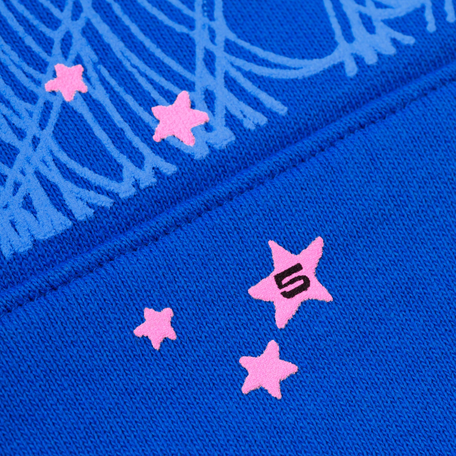 Blue fleece hoodie with pink puff print stars and a "5" angel number.