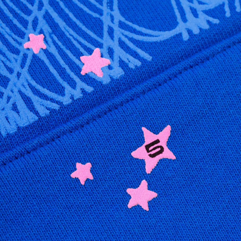 Blue fleece hoodie with pink puff print stars and a "5" angel number.