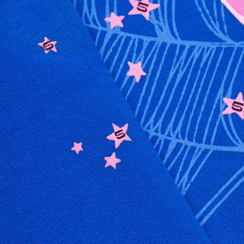 Blue fleece hoodie with pink scattered stars and light blue web print.