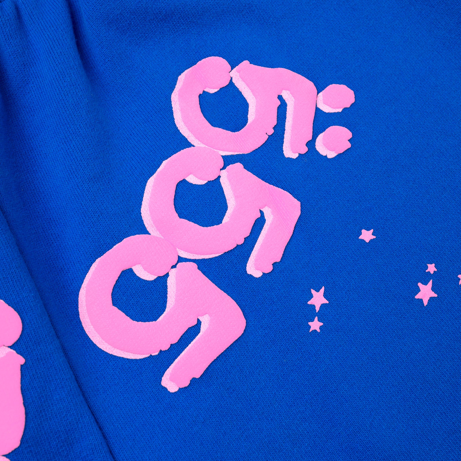 Blue cotton fleece sweatpants with pink puff print '555' angel numbers and scattered stars.