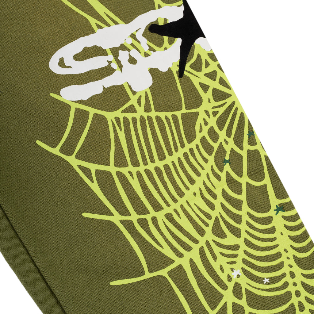 Olive green cotton fleece sweatpant with neon yellow SP5DER web graphic and scattered stars.