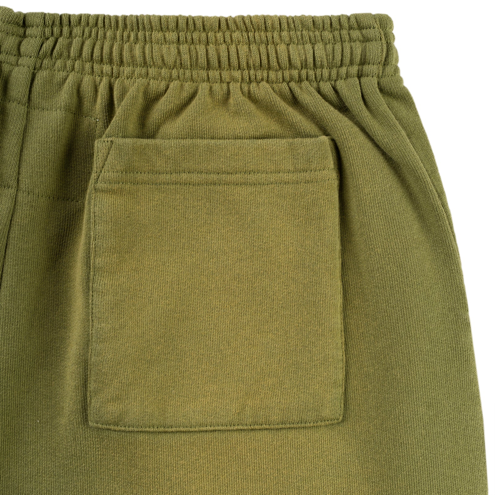 Olive green cotton fleece sweatpants with elasticized waistband and back pocket.