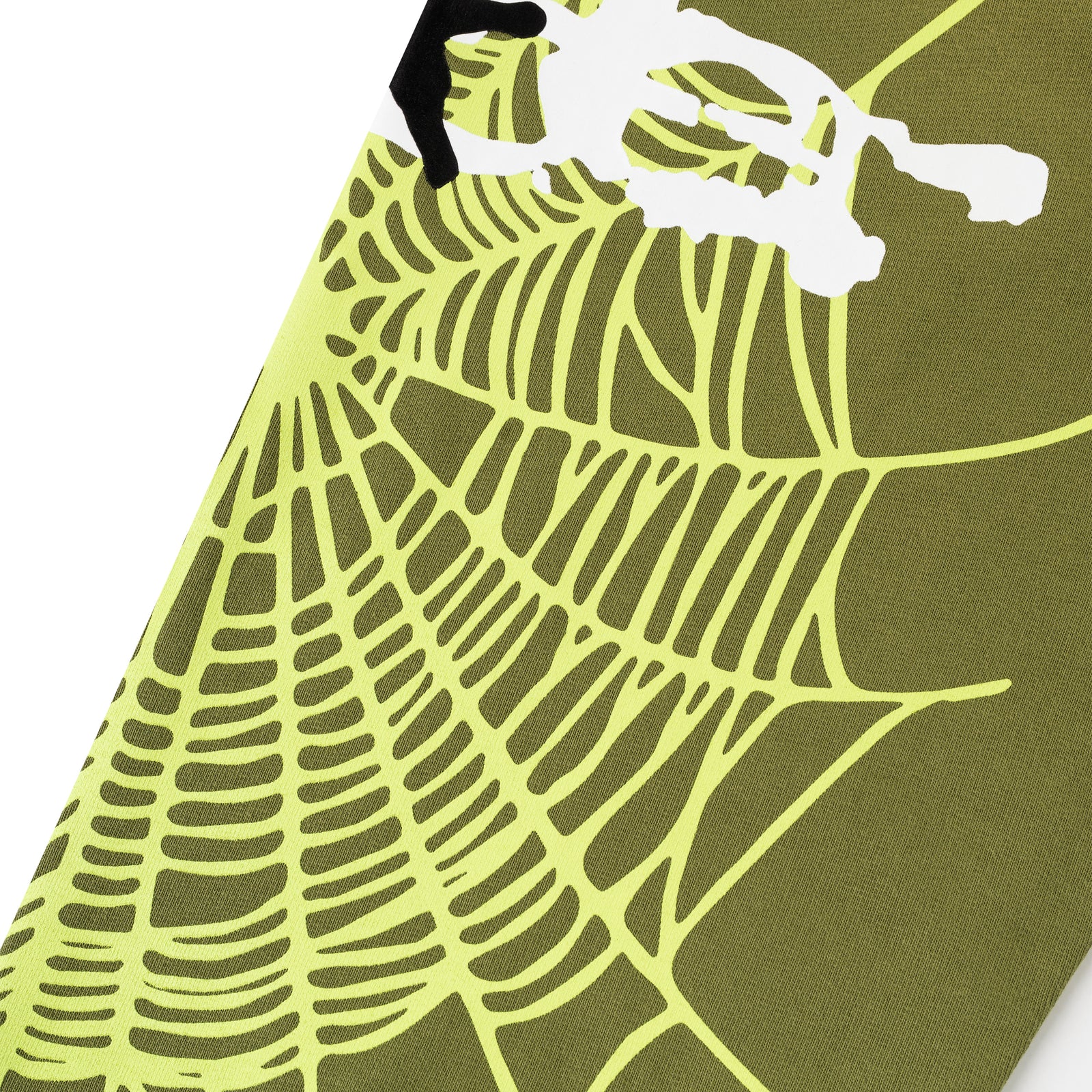 Olive green HEAVY WEB SWEATPANT with neon yellow SP5DER web graphic and white skull print.
