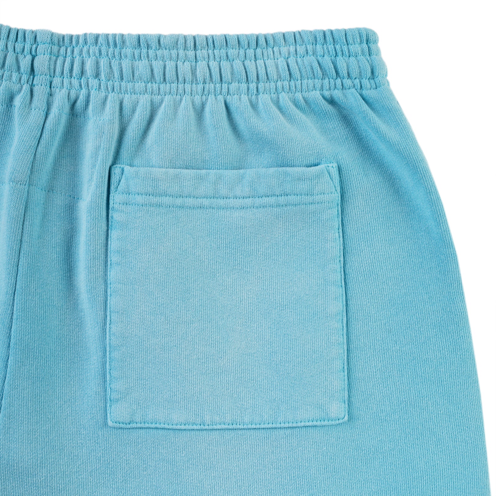 Light blue cotton fleece sweatpant with elastic waistband and back pocket.