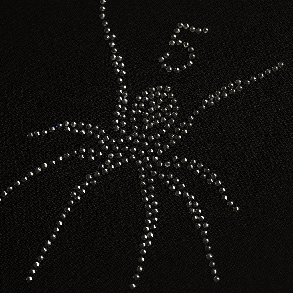 Black cotton tee with a rhinestone spider graphic and the number 5.