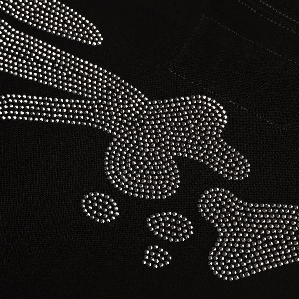 Black cotton tee with a sparkling silver rhinestone graphic design.
