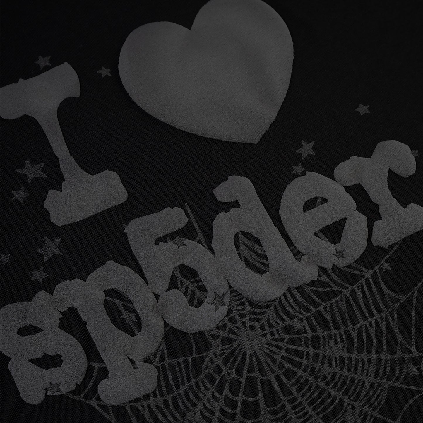 Black Phantom Souvenir Men's Tee with "I ❤️ Spider" graphic, spiderweb, and stars design.