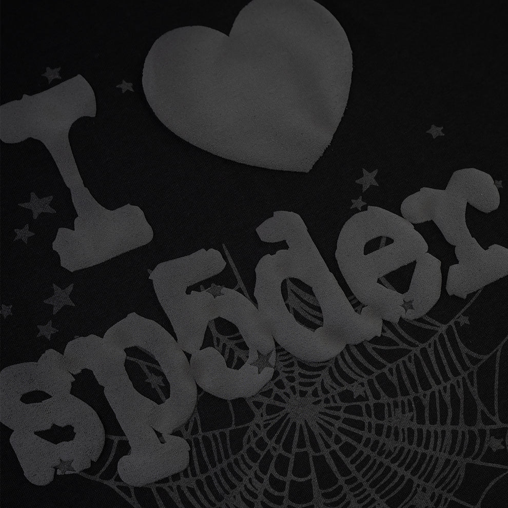 Black Phantom Souvenir Men's Tee with "I ❤️ Spider" graphic, spiderweb, and stars design.