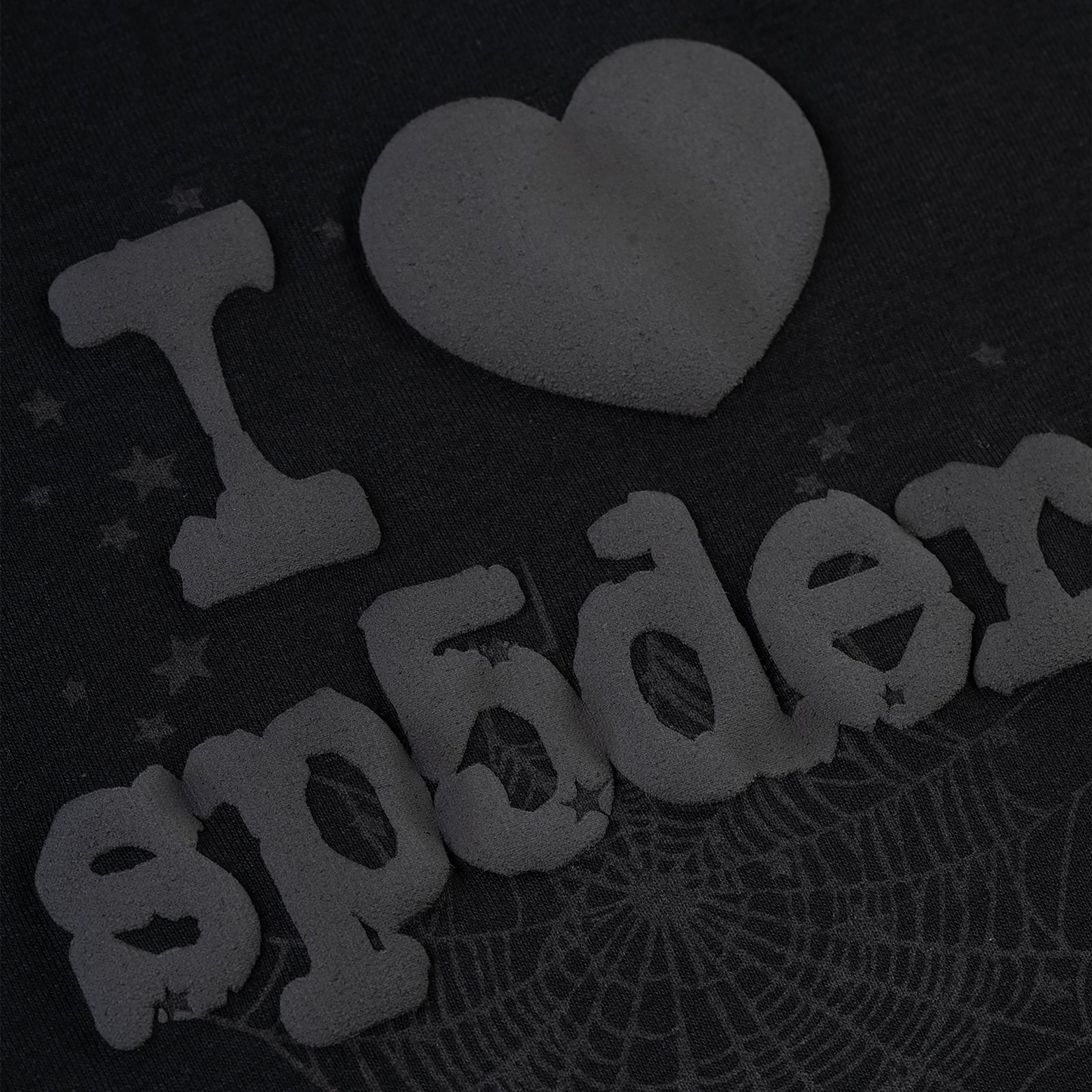 Black Phantom Souvenir Baby Tee with "I ❤️ Sp5der" graphic and spiderweb design.