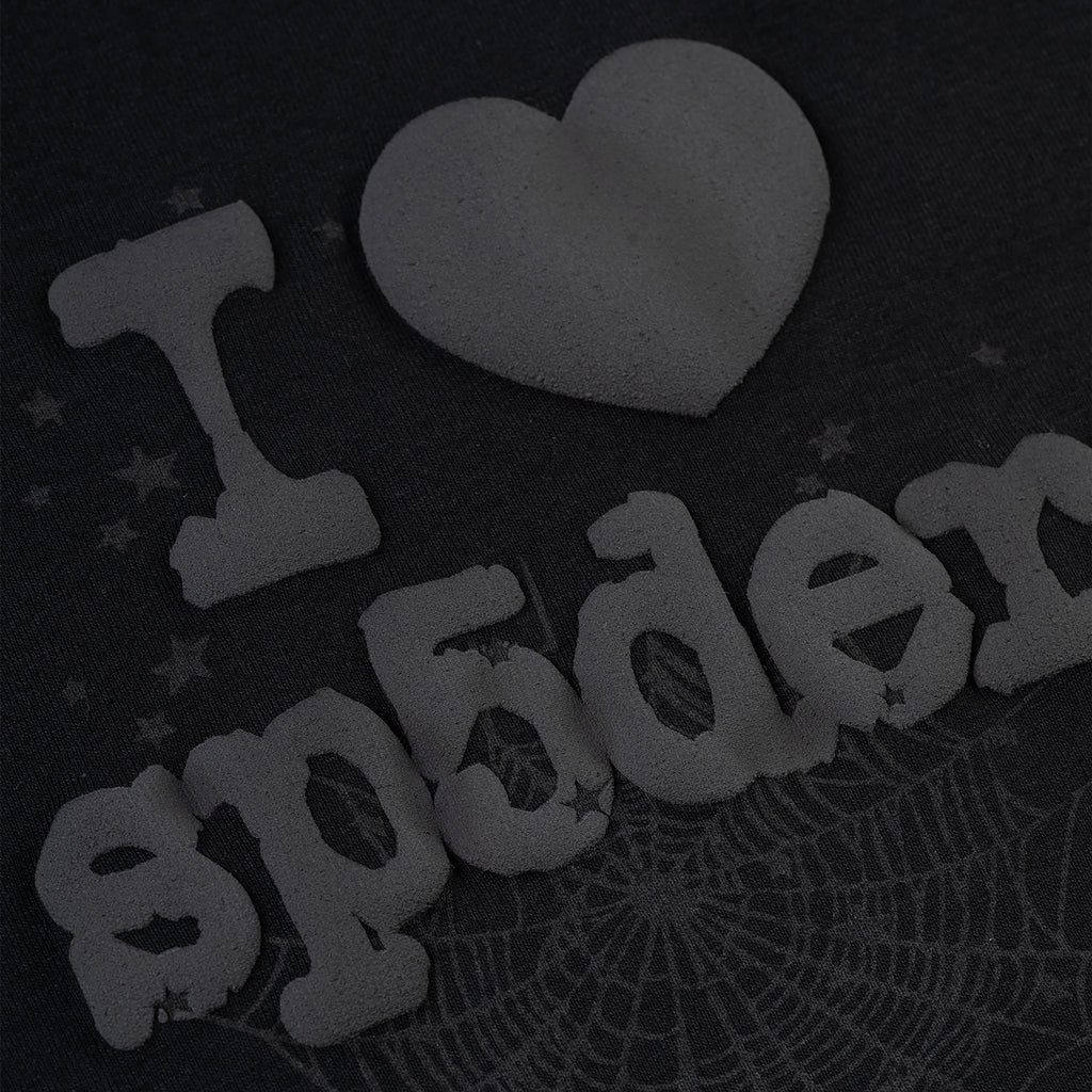 Black Phantom Souvenir Baby Tee with "I ❤️ Sp5der" graphic and spiderweb design.
