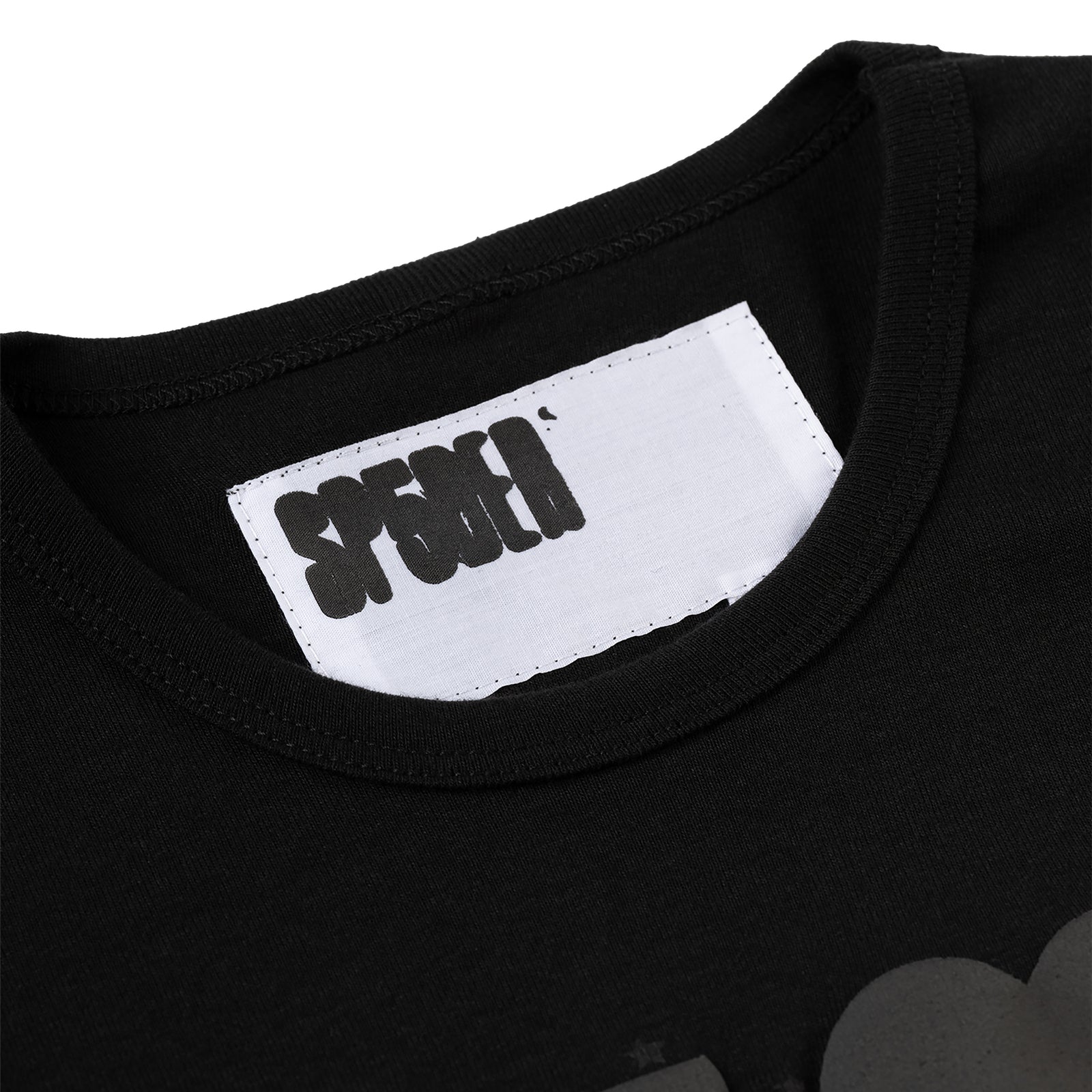 Black cotton baby tee with white neck label featuring "SPRM" in black bold font.