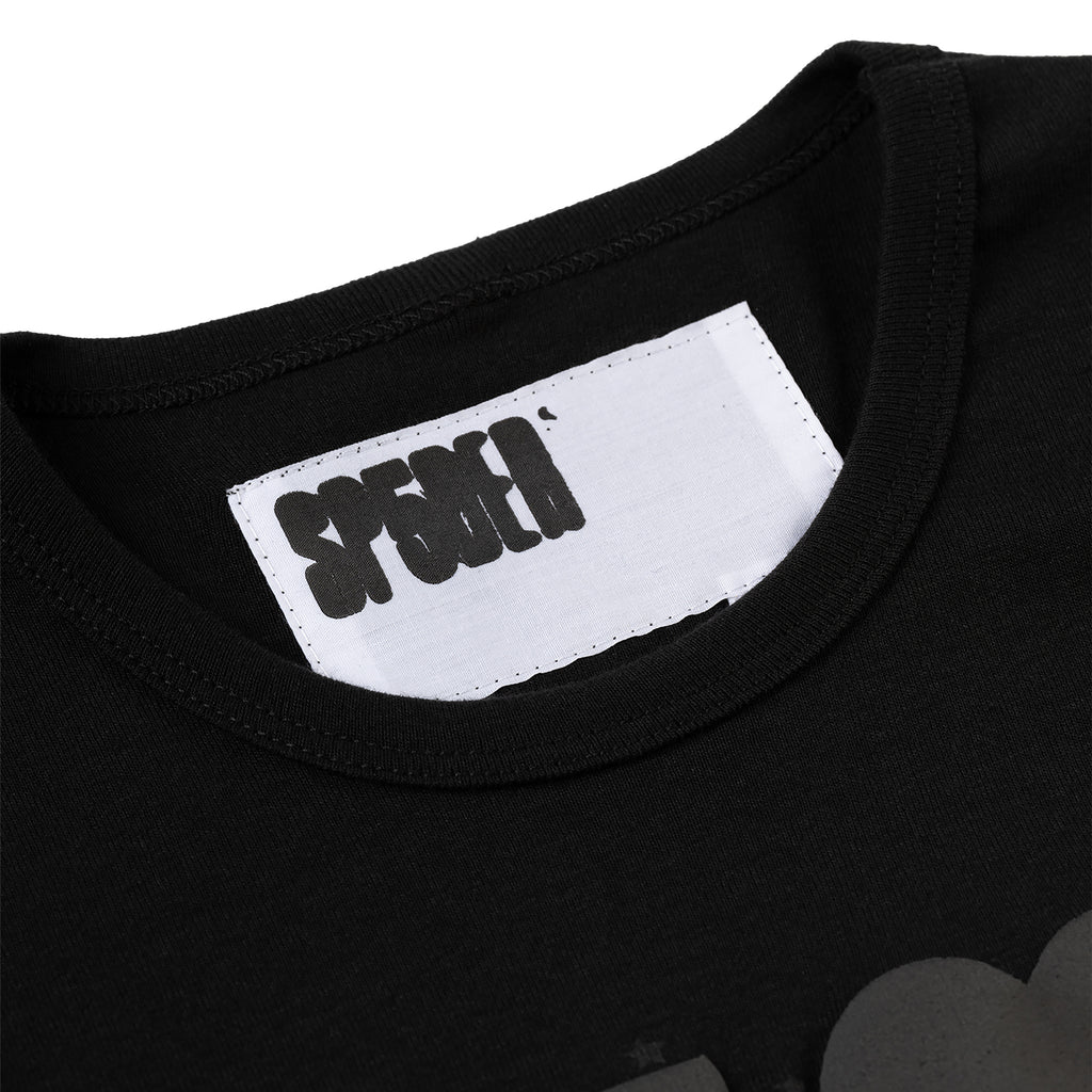 Black cotton baby tee with white neck label featuring "SPRM" in black bold font.