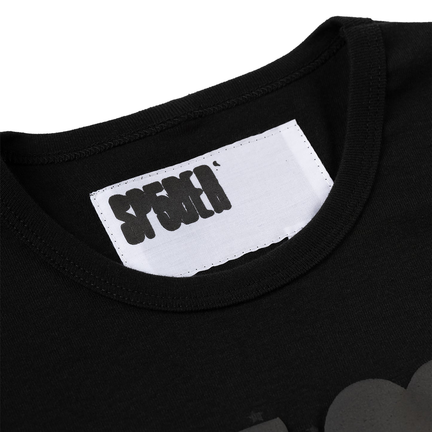 Black crewneck t-shirt with a white neck label featuring "SPEMH" in black bold text.