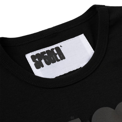 Black crewneck t-shirt with a white neck label featuring "SPEMH" in black bold text.